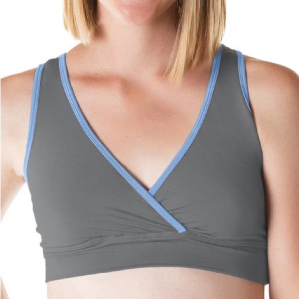 Kindred Bravely Gray Nursing Bra with Light Blue Trim